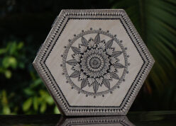 wooden pine box with hand drawn mandala zentangle patterns on it