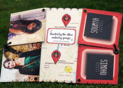 greeting card with pictures and names of two friends with locations in middle
