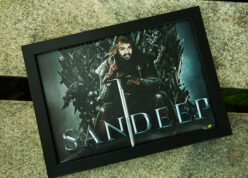 game of thrones themed picture black frame placed on a bench in park