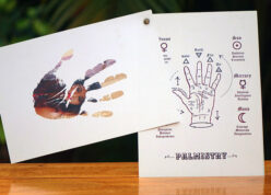 photo clipped into a palm and palmistry printed on thick sheets as greeting card
