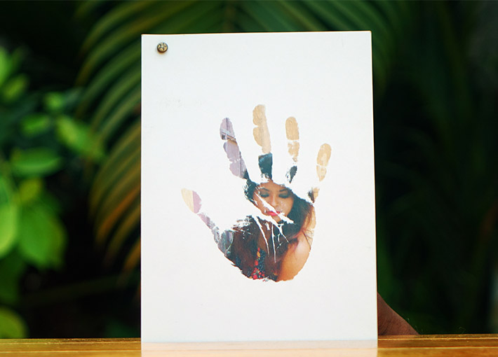 girl photo inside a handprint of greeting card