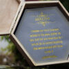 hexagon shaped wooden pine box with golden letters custom message paper in it