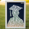 person with graduation cap silhouette printed with multiple words inside it placed inside white a4 frame