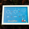 white a4 size frame with love chemistry doodles and names in it suspended in air