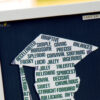 multiple english words printed inside a graduation cap with custom name printed on top
