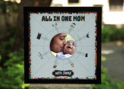 all in one mom text with picture and colour clip arts inside a black frame